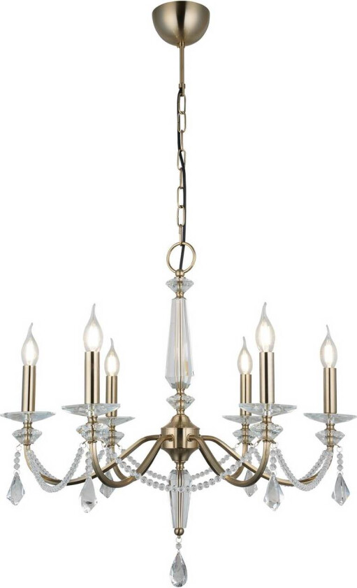 Lysekrone Adone, 6 lyskilder, messing, Ø 70 cm, krystallglass