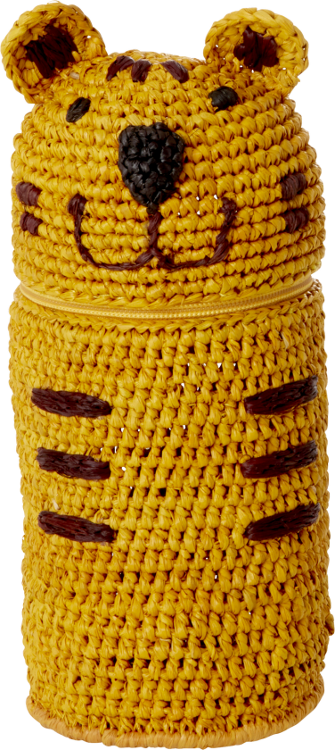 Raffia Crocheted Pencil Case / Purse - Tiger Shape - Yellow - 20cm x 10cm x 5cm
