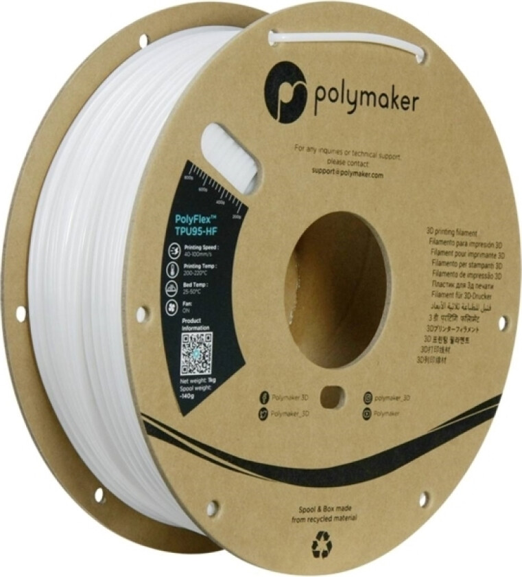 Polymaker Pd03005 Tpu95-Hf Filament Tpu, Fleksibelt Glødetråd Fleksibel, Highspeed Filament, Uv-Bestandig 2.85 Mm 1000 G Hvid Polyflex™ 1 Stk