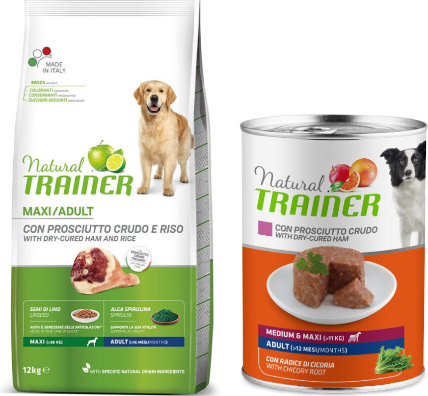 12 kg Nova foods Trainer Natural + 400 g matchende våtfôr gratis! - Adult Maxi Prosciutto + Medium & Maxi Adult med skinke