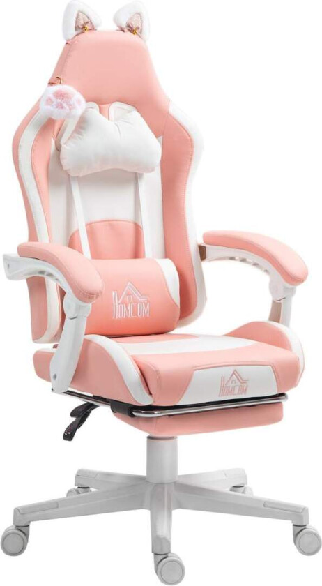 Spillestol Ergonomisk spillerstol med korsryggstøtte, fotstøtte, spillestol med katteører, pute, høydejusterbar kontorstol med j