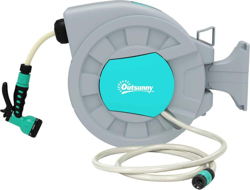 Bilde av Slangetrommel med hageslange 30m, 180° svingbar slangeboks, slangetrommel for veggmontering, vannslangetrommel med automatisk ti