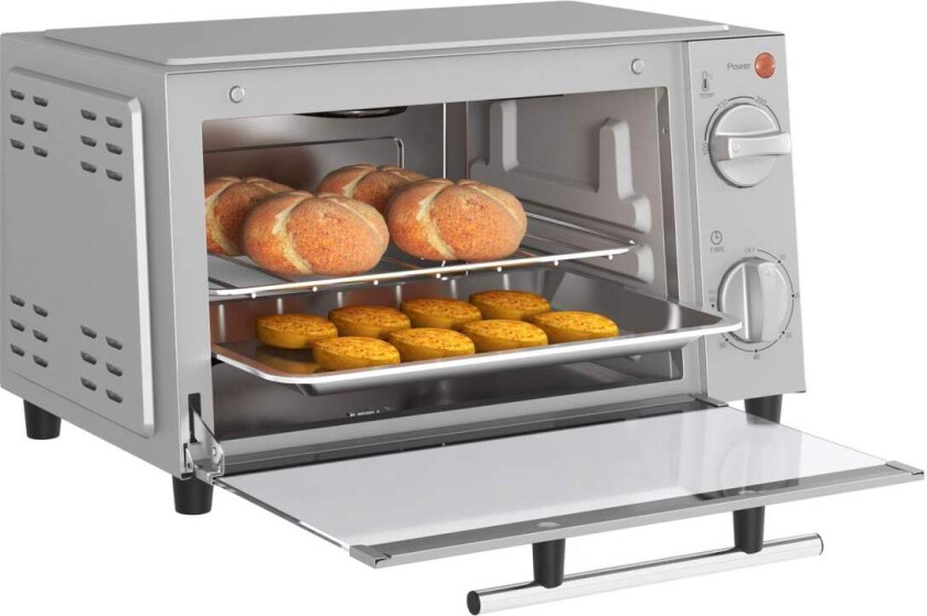 Miniovn 9L miniovn med stekebrett, grillrist, 100 °C-230 °C, med justerbar temperatur og steketid, 60 min timer, 750W, rustfritt