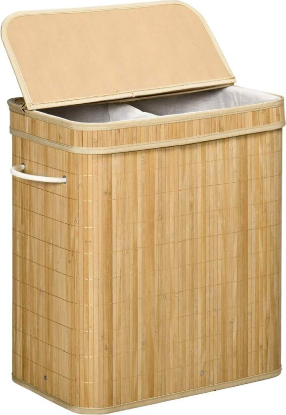 Bambus skittentøyskurv med lokk og håndtak, 90 liters kapasitet med 2 seksjoner og en avtakbar stoffpose - 54,2 x 35,2 x 59,5 cm