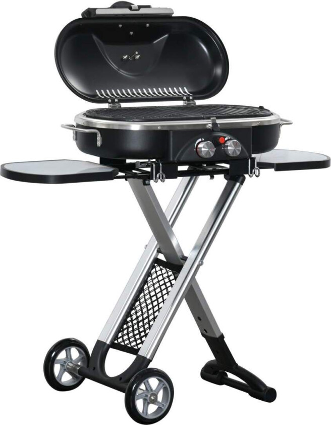 Gassgrill BBQ grillvogn sammenleggbar med 2 brennere og grillnett, rustfritt stål svart sølv, sidehylle med hjul, 2,34 kW, 100x4