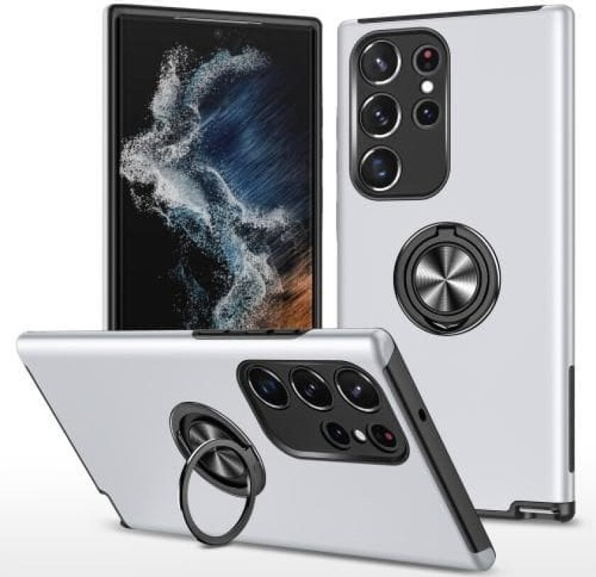 Samsung Galaxy S23 Ultra Hybrid Deksel Med Fingerring - Sølv