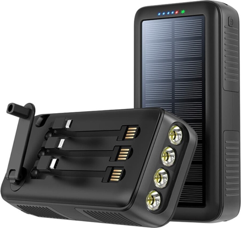 Håndsveiv 30000mAh Solar PowerBank Lightning/USB-C/mikrokabel
