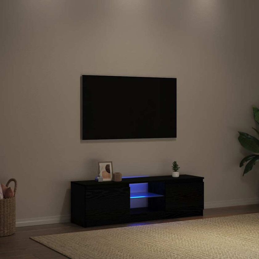 TV-benk med LED-lys svart eik 120x30x36 cm konstruert tre