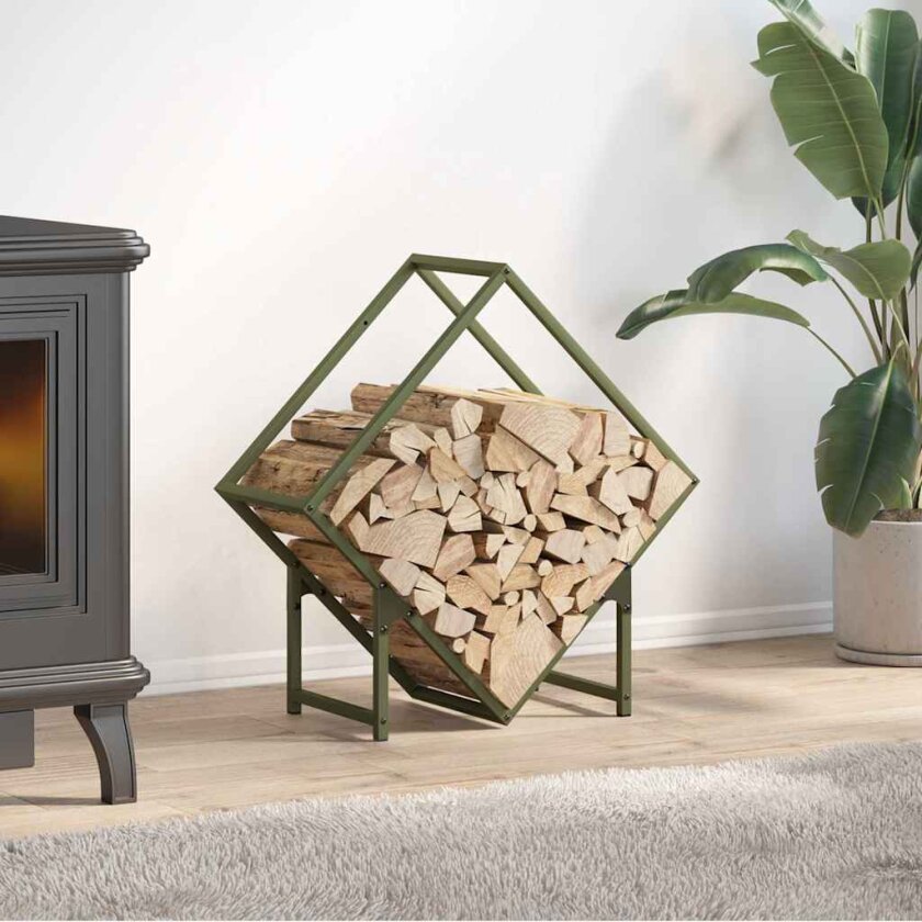 Vedstativ olivengrønn 60x25x60 cm kaldvalset stål