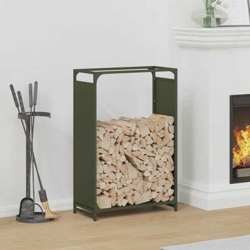Vedstativ olivengrønn 60x28x90 cm kaldvalset stål