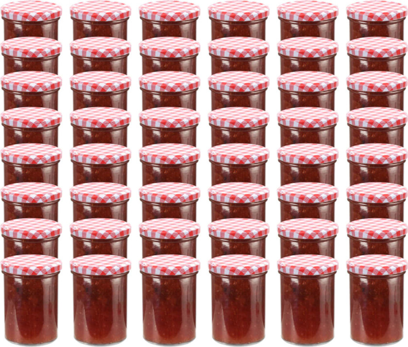 Syltetøyglass med hvite og røde lokk 48 stk 400 ml
