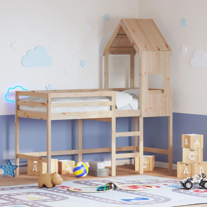 Køyeseng med stige og tak 90x190 cm heltre furu