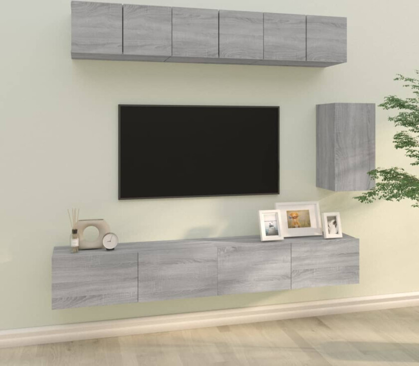 TV-skapsett 6 deler grå sonoma konstruert tre
