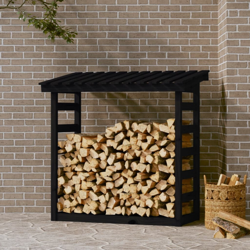 Vedstativ svart 108x64,5x110 cm heltre furu