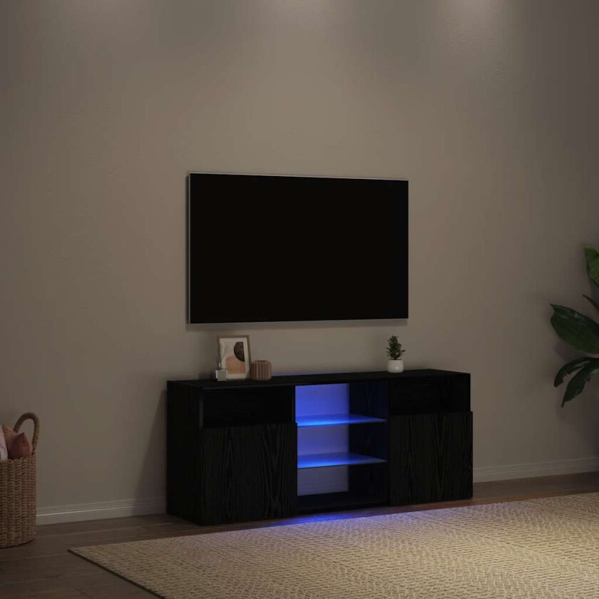 TV-benk med LED-lys svart eik 120x30x50 cm konstruert tre