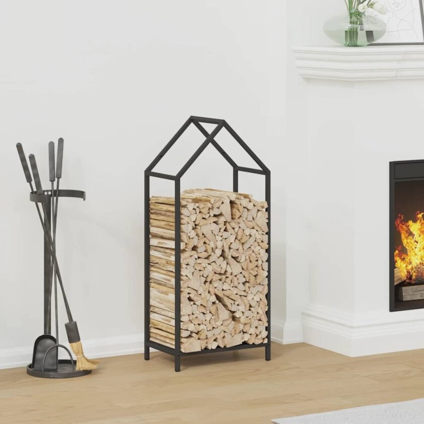 Vedstativ svart 40x25x90 cm kaldvalset stål