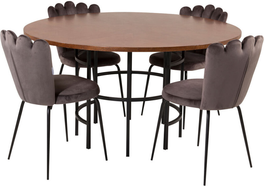 Copenhagen spisegruppe spisebord brun og 4 Limhamn spisestuestoler velour grå.