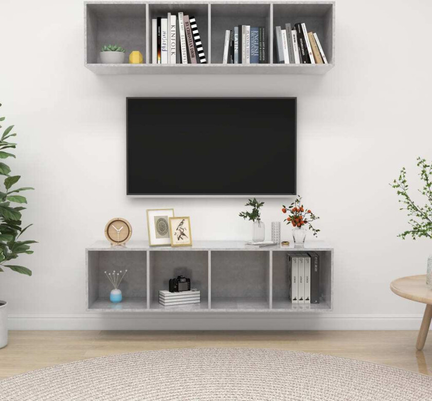 Vegghengte TV-benker 2 stk betonggrå konstruert tre