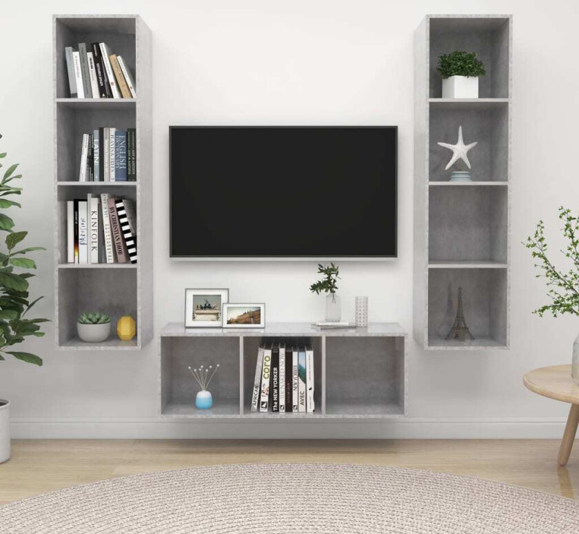 TV-benksett 3 deler betonggrå konstruert tre