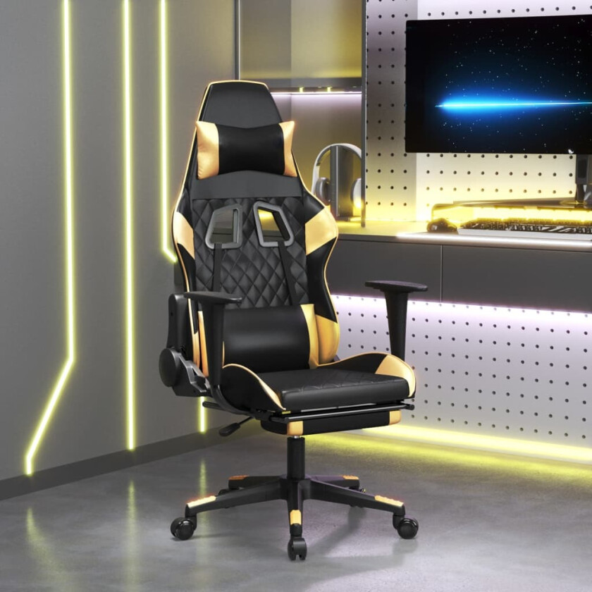 Massasje-/gamingstol med fotstøtte svart og gull kunstskinn