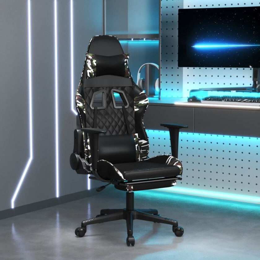 Massasje-/gamingstol med fotstøtte svart kamuflasje kunstskinn