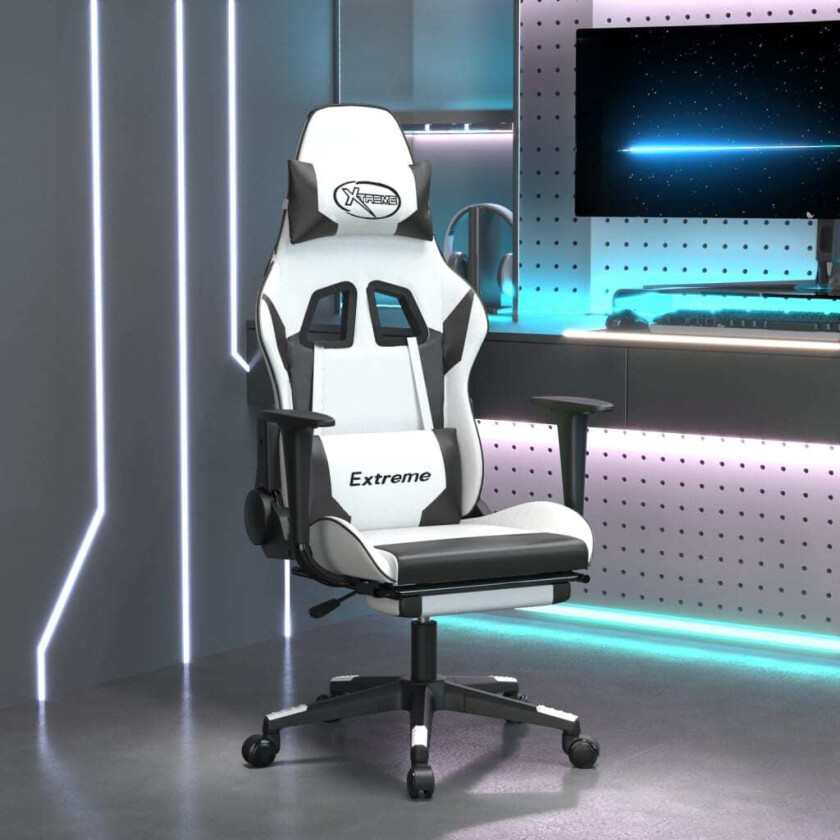 Massasje-/gamingstol med fotstøtte hvit og svart kunstskinn