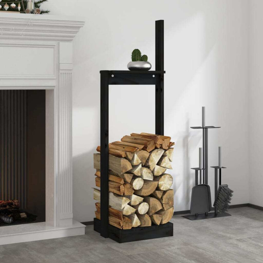 Vedstativ svart 33,5x30x110 cm heltre furu