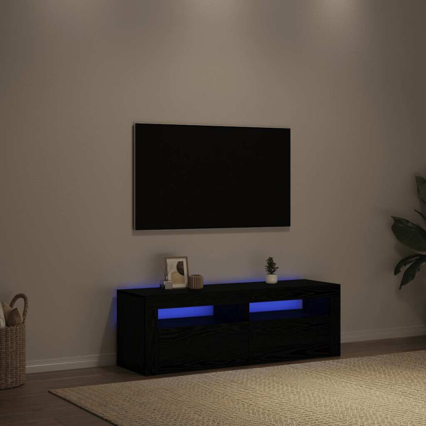 TV-benk med LED-lys svart eik 120x35x40 cm konstruert tre
