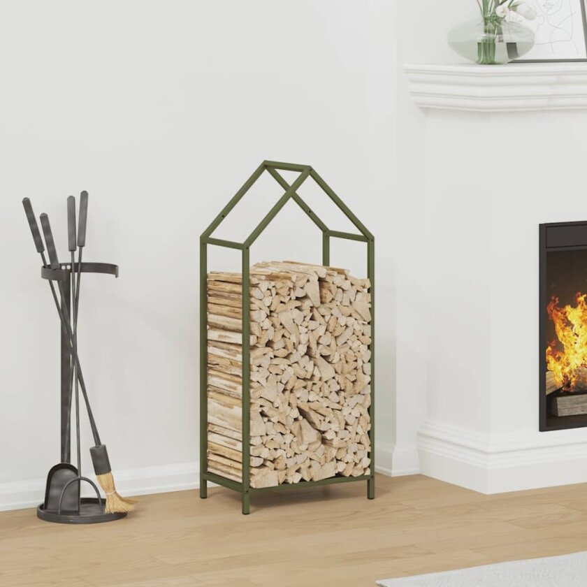 Vedstativ olivengrønn 40x25x90 cm kaldvalset stål