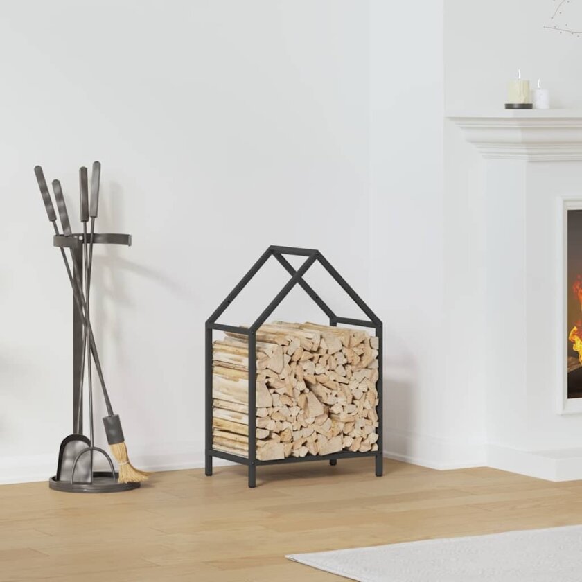 Vedstativ svart 40x25x60 cm kaldvalset stål