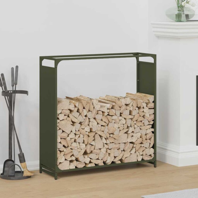 Vedstativ olivengrønn 90x28x90 cm kaldvalset stål