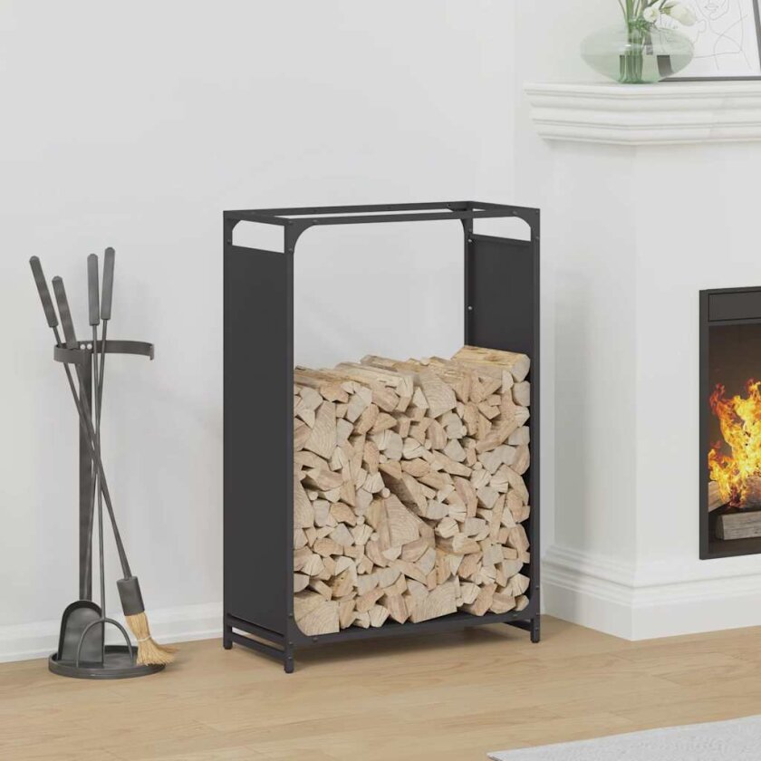 Vedstativ svart 60x28x90 cm kaldvalset stål