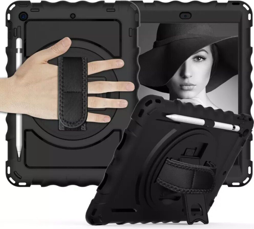 iPad 10,2" (2021 / 2020 / 2019) Håndverkerdeksel med Håndholder, Stativ og Apple Pencil Holder - Svart