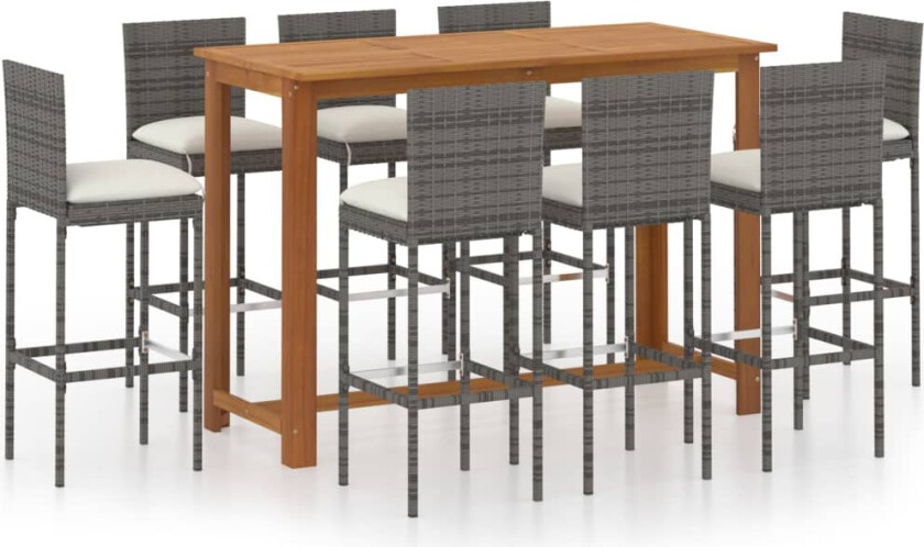 Barsett til hage med puter 9 deler polyrotting grå