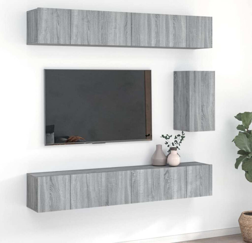 TV-skapsett 7 deler grå sonoma konstruert tre
