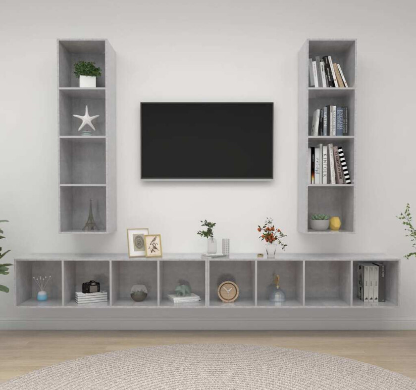 Vegghengte TV-benker 4 stk betonggrå konstruert tre