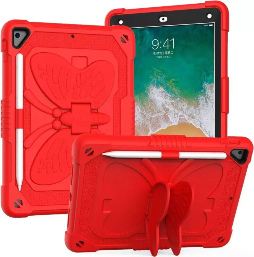 iPad (2018) / iPad (2017) / iPad Air 2 Butterfly Kickstand Barnedeksel - Rød