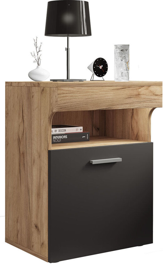 SlepalM nattbord 1 dør 1 hylle antracitt, eik dekor.