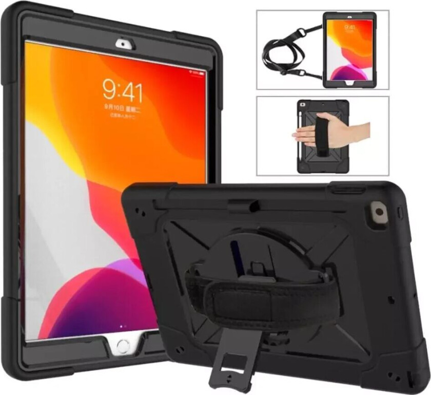 iPad 10.2" (2021 / 2020 / 2019) Håndverker Deksel m. Grep & Skulderstropp - Svart