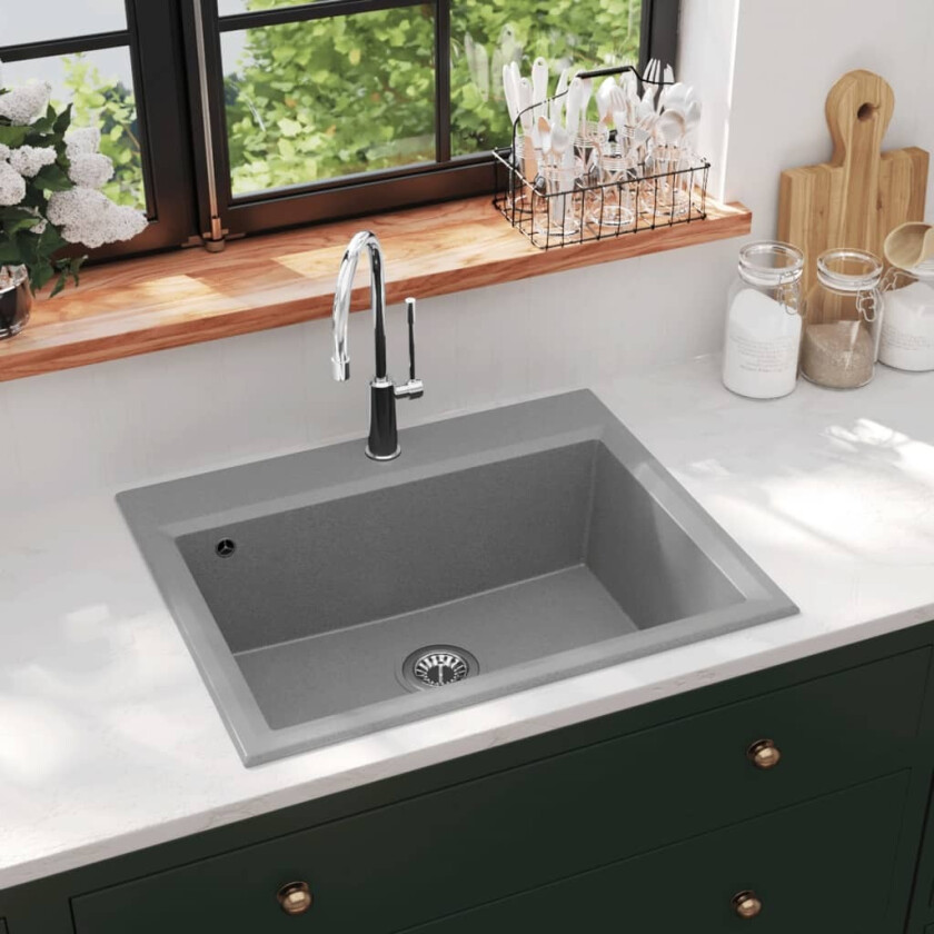 Kjøkkenvask med overløpshull grå granitt