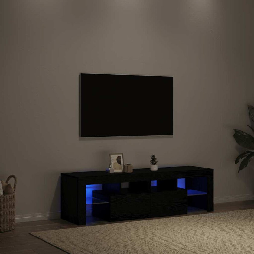 TV-benk med LED-lys svart eik 140x36,5x40 cm konstruert tre