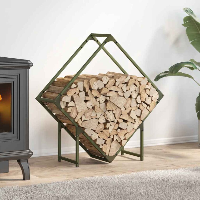 Vedstativ olivengrønn 80x25x80 cm kaldvalset stål