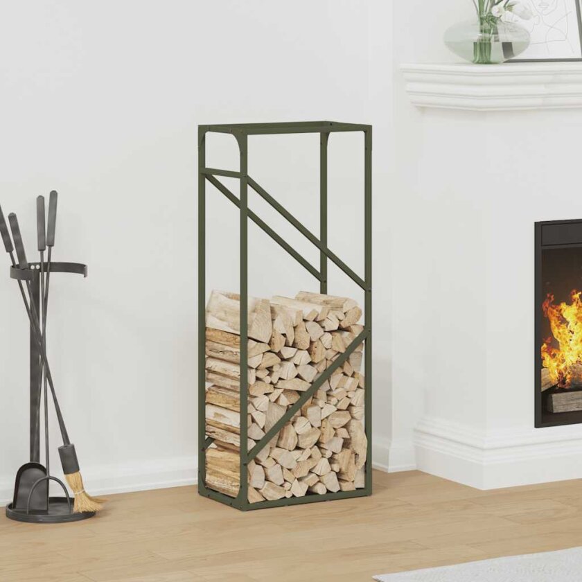 Vedstativ olivengrønn 40x25x100 cm kaldvalset stål