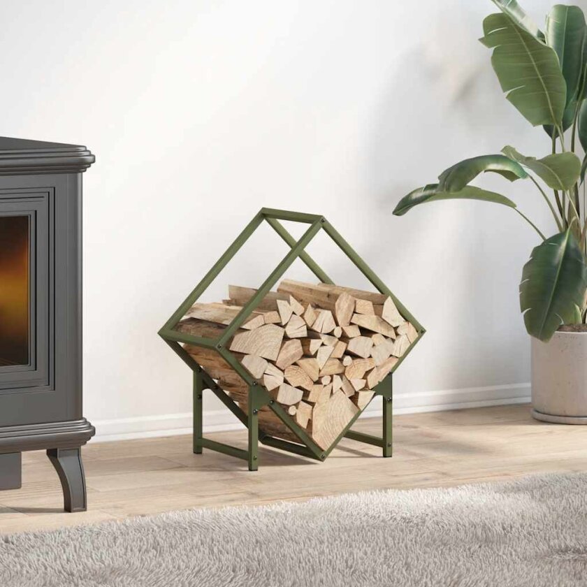 Vedstativ olivengrønn 50x25x50 cm kaldvalset stål