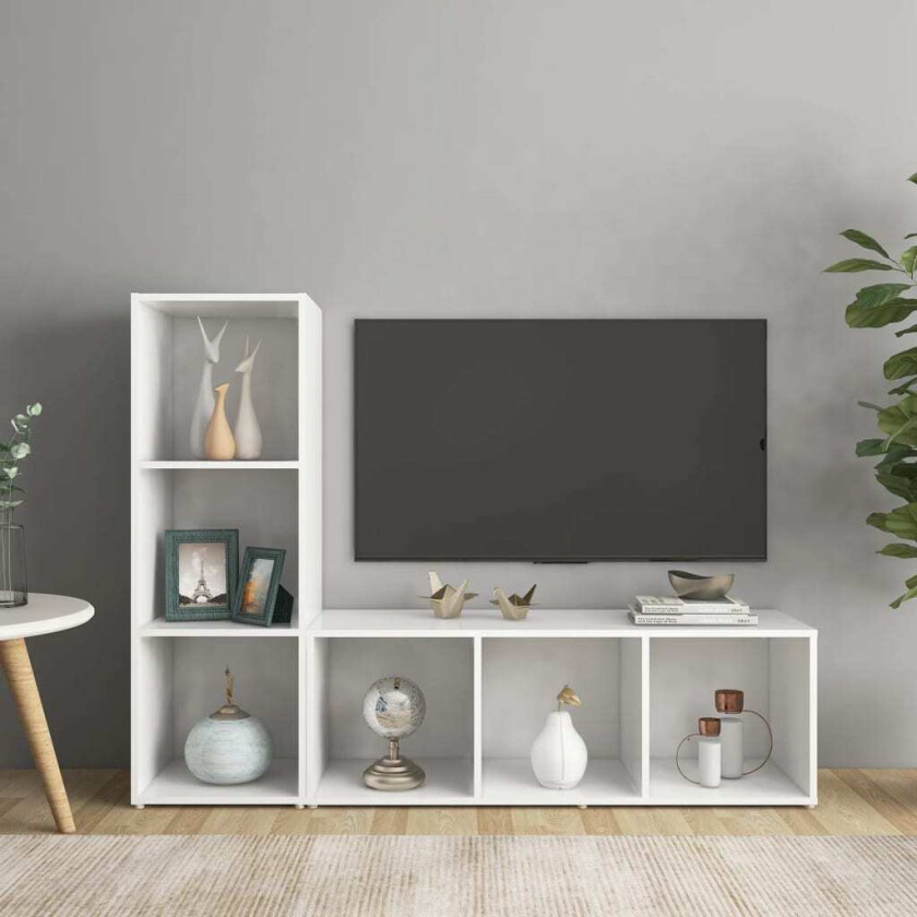 TV-benker 2 stk hvit 107x35x37 cm konstruert tre