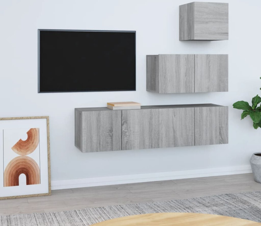 TV-skapsett 4 deler grå sonoma konstruert tre