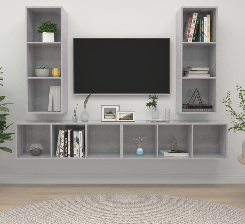 Vegghengte TV-benker 4 stk betonggrå konstruert tre