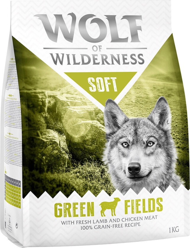 1 kg Wolf of Wilderness hundefôr til spesialpris! - Green Fields - Lam (Soft & Strong)