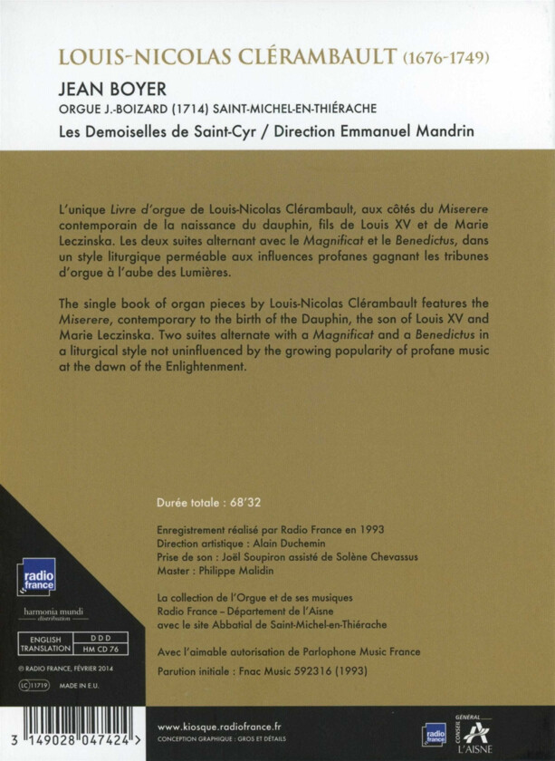 Jean Boyer, Les Demoiselles De SaintCyr Clerambault: Organ Book Miserere CD