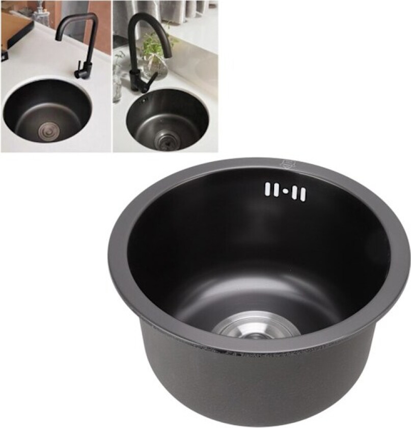 Mini Rund Kjøkkenvask Bar Rustfritt Stål Enkelt Kum med Avløpstilbehør for Hjem Svart